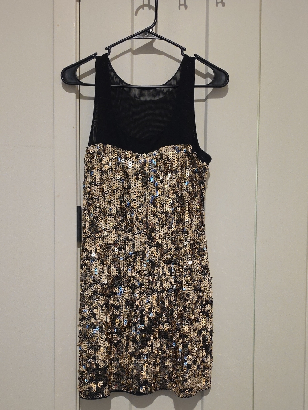 Express Black Mesh Top Gold Sequin Mini Dress